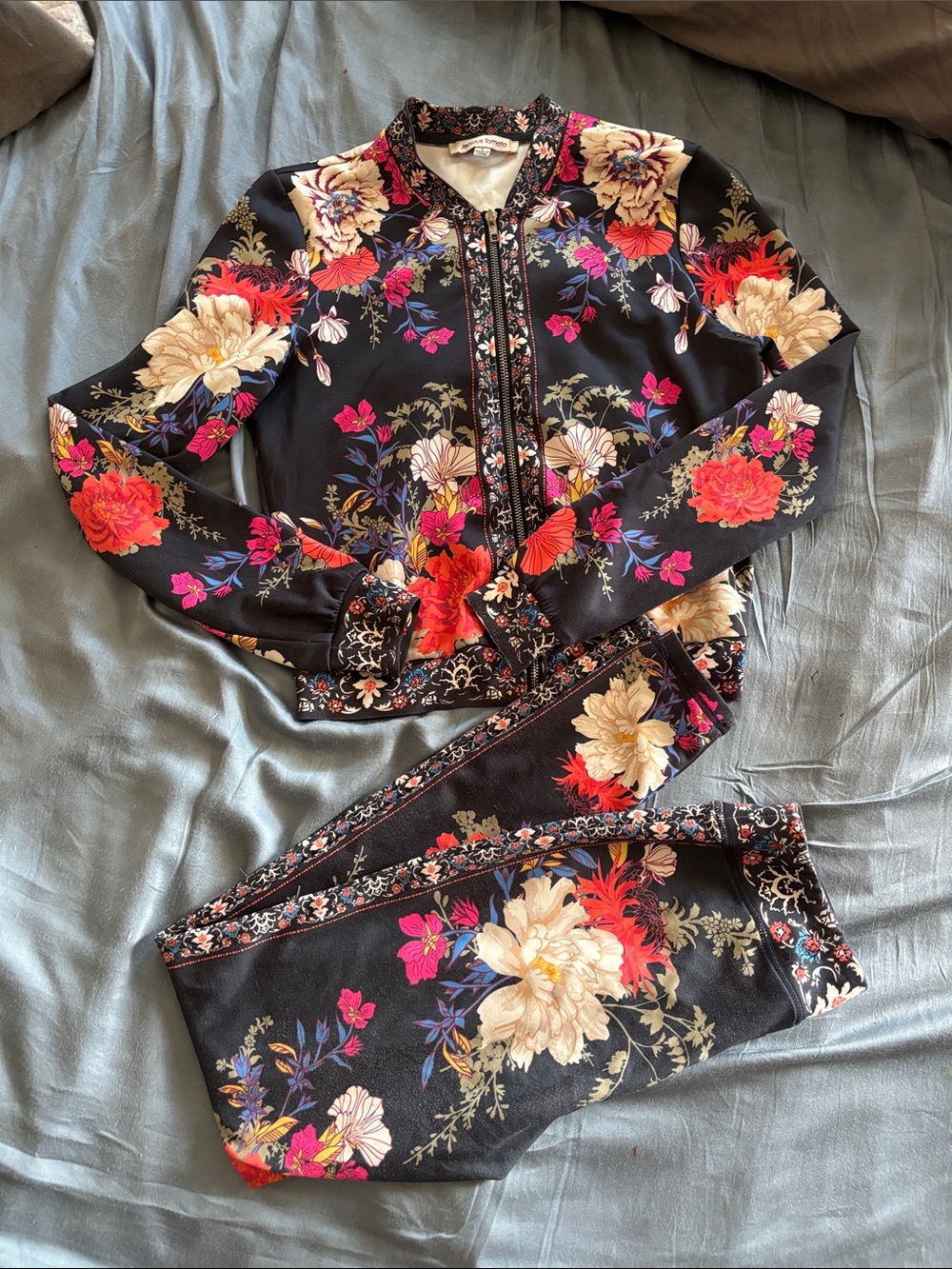 Floral Bomber Jacket & Pants Set - Black with Red & Cream Flowers